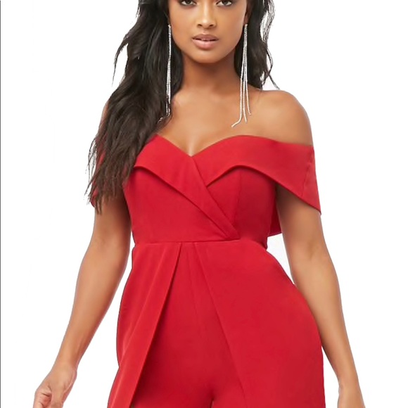 โค๏ธโ๐ฅ VALENTINES ๐ Slit Leg Off Shoulder Jumpsuit Red - Picture 2 of 8